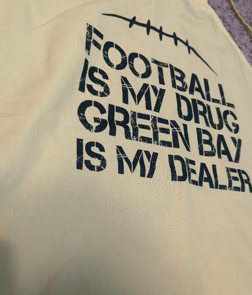 Green Bay Packer Yellow Football Cooking Chef Apron 'Football Is My Drug' - Picture 3 of 4